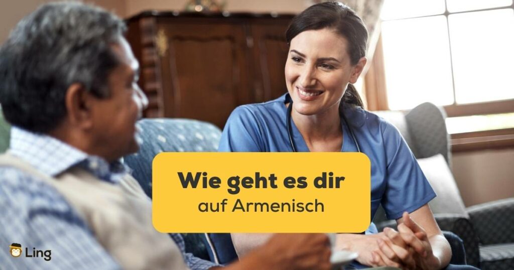 Brünette Frau frägt älteren Herren Wie geht es dir auf Armenisch nachdem sie es mit der Ling-App gelernt hat