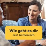 Brünette Frau frägt älteren Herren Wie geht es dir auf Armenisch nachdem sie es mit der Ling-App gelernt hat