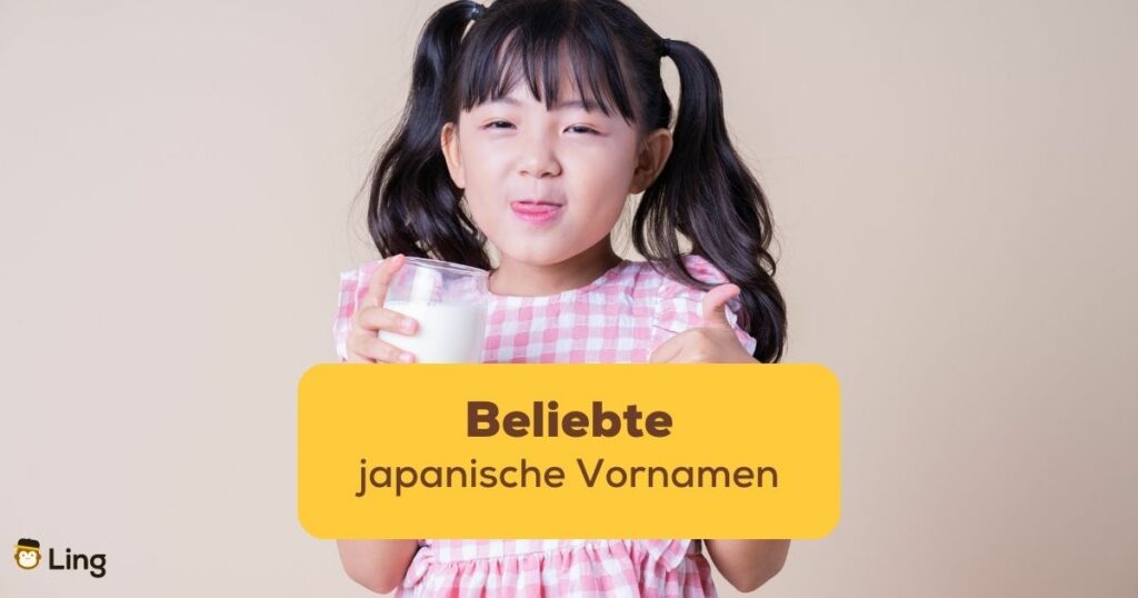 Ein japanisches Mädchen trinkt ein Glas Milch und zeigt den Daumen hoch, im Vordergrund der Titel des Blogposts: beliebte japanische Vornamen
