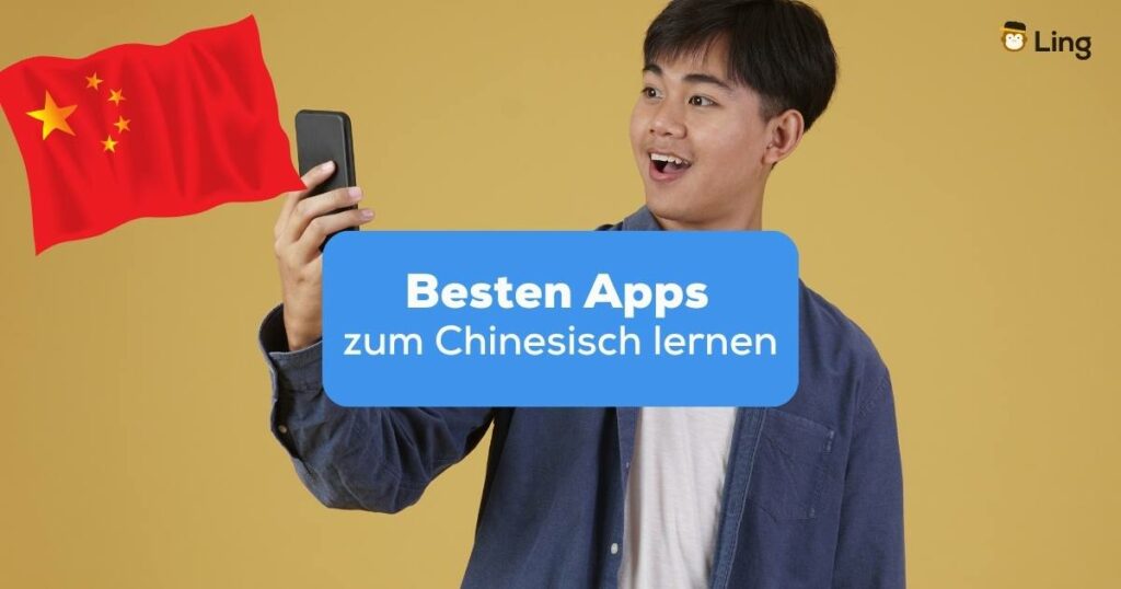 Junger Mann hält sein Handy hoch und ist erstaunt über die besten Apps zum Chinesisch lernen mit der Ling-App