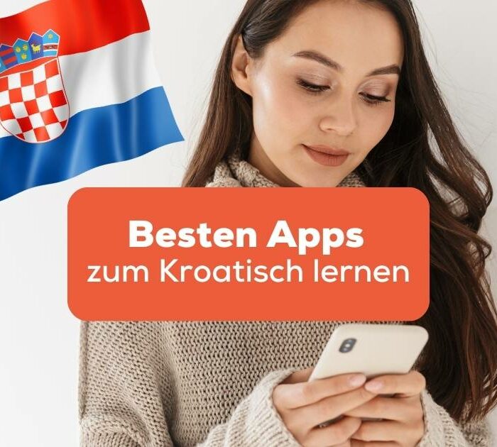 Brünette Frau schaut in ihr Handy und schaut nach den besten Apps zum Kroatisch lernen mit der Ling-App
