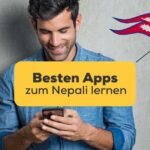 Mann schaut freudig auf sein Handy und freut sich die besten Apps zum Nepali lernen gefunden zu haben mit der Ling-App