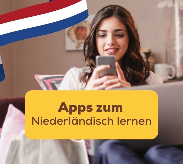 Frau schaut auf ihr Handy und verwendet eine der besten Apps zum Niederländisch lernen Ling-App