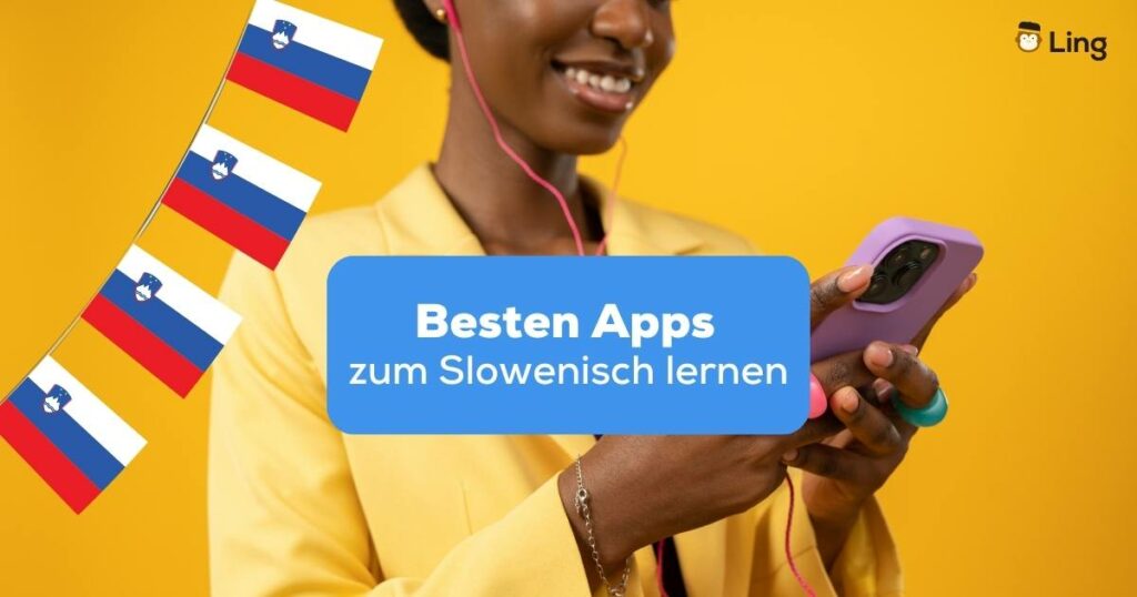 Frau recherchiert am Handy nach den genialsten Apps zum Slowenisch lernen mit der Ling-App