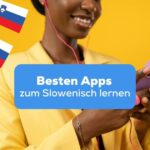 Frau recherchiert am Handy nach den genialsten Apps zum Slowenisch lernen mit der Ling-App