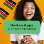 Duneklhaarige Frau freut sich, hat ihr Handy inder Hand und freut sich mit der Ling-App die beste App zum Swahili lernen gefunden zu haben