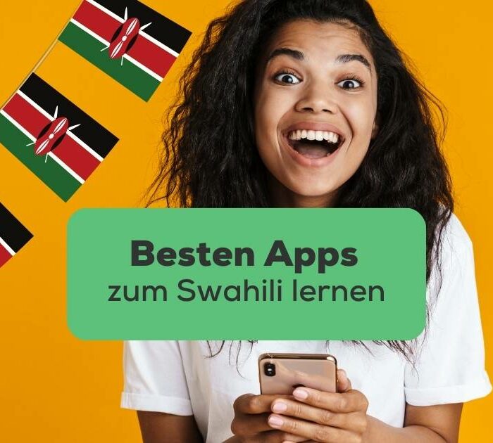 Duneklhaarige Frau freut sich, hat ihr Handy inder Hand und freut sich mit der Ling-App die beste App zum Swahili lernen gefunden zu haben