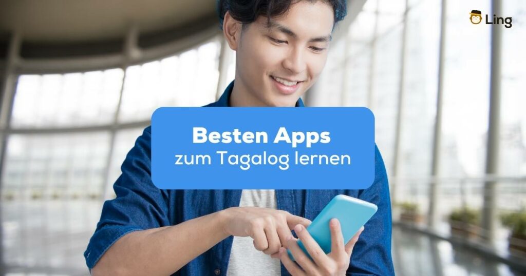 Asiatischer Mann liest auf dem Smartphone über die besten Apps zum Tagalog lernen mit der Ling-App