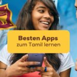 Frau hat ihr Smartphone in der Hand und liest über die besten Apps zum Tamil lernen mit der Ling-App