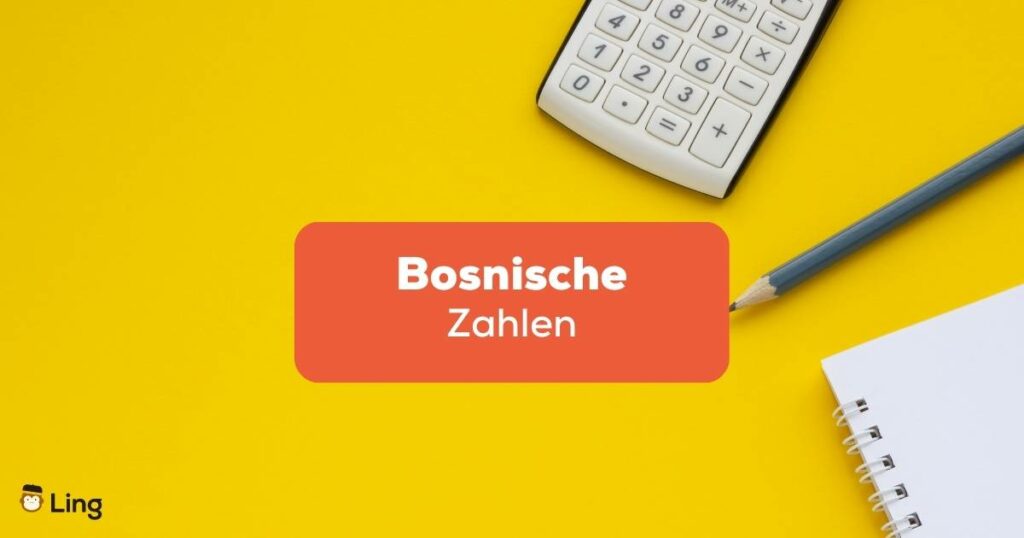 Taschenrechner mit Notizblock und Stift um bosnische Zahlen zu zählen und zu schreiben