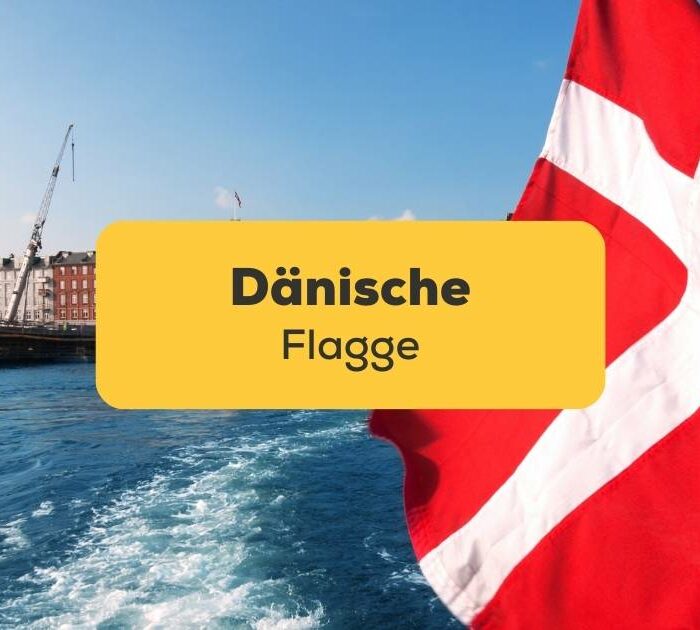 Dänische Flagge wird gehiesst an einem Boot, das durch einen dänischen Hafen fährt