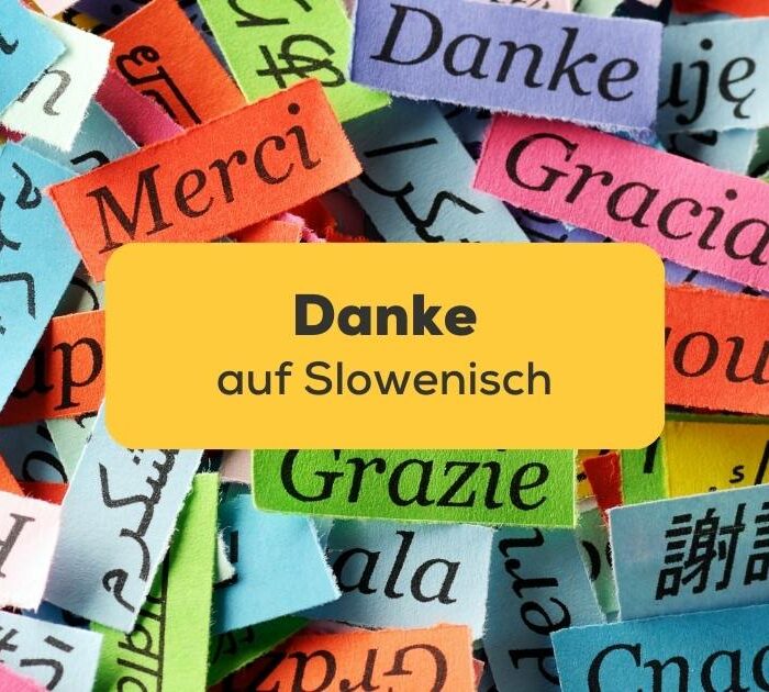 Papierschnipsel mit Danke in unterschiedlichen Sprachen unter anderem auch Danke auf Slowenisch