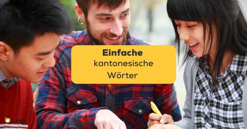Gruppe von 3 Menschen lernen gemeinsam mit Ling einfache kantonesische Wörter und Sätze