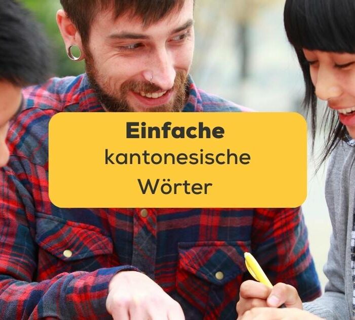 Gruppe von 3 Menschen lernen gemeinsam mit Ling einfache kantonesische Wörter und Sätze
