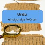 Eine Lupe liegt auf beschriebenem Papier, Beitragstitel: einzigartige Wörter auf Urdu