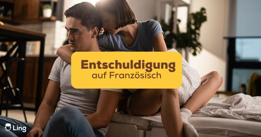 Frau umart Mann von hinten und sagt Entschuldigung auf Französisch