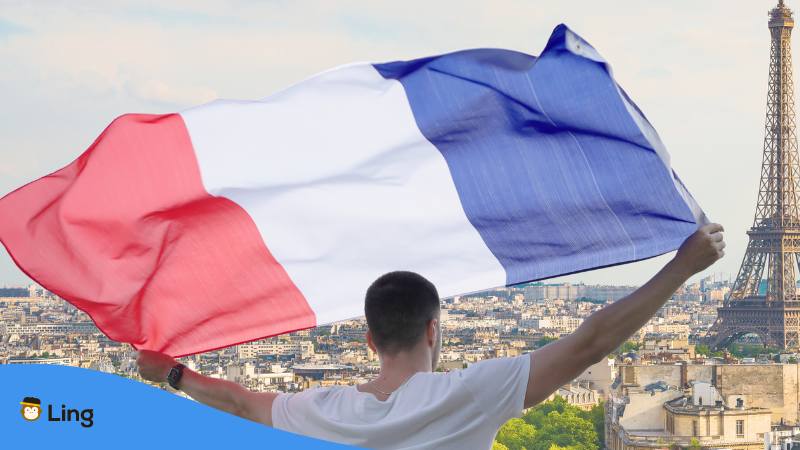 Mann mit französischer Flagge, Franzosen werden Farang auf Thai genannt