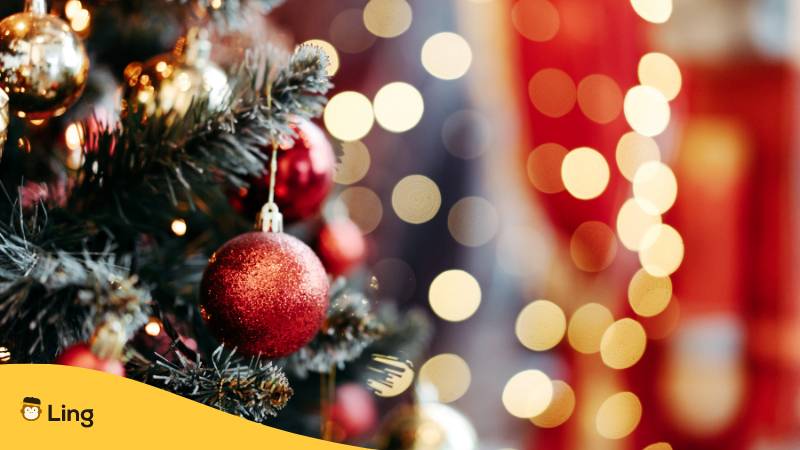 Frohe Weihnachten auf Französisch mit Ling lernen unter dem Weihnachtsbaum