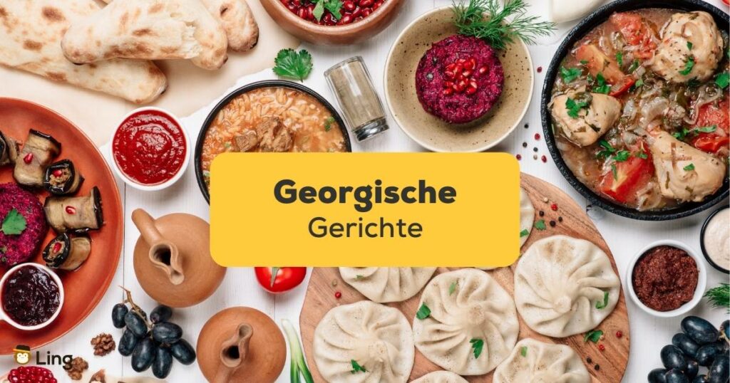 Tisch mit einer bunten Vielfalt georgische Gerichte, die man unbedingt probieren sollte