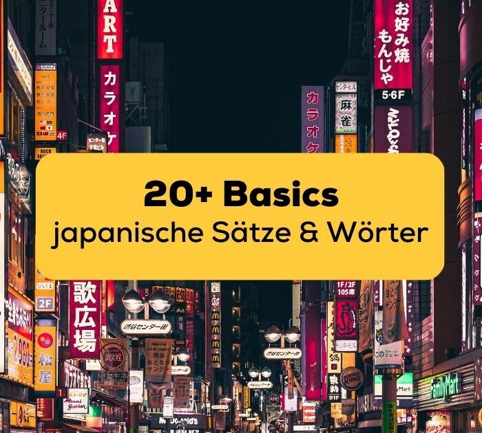 Japanische Leuchtreklame bei Nacht, im Vordergrund der Hinweis auf grundlegende japanische Sätze