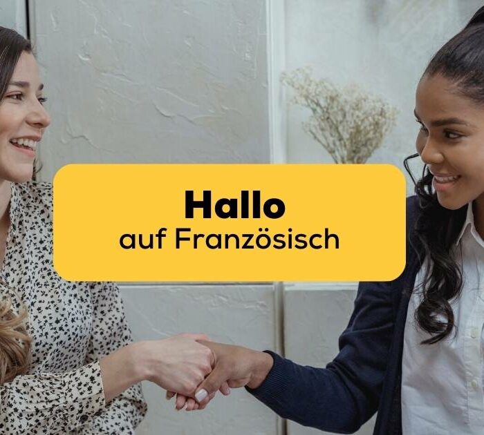Frauen schütteln sich gegenseitig die Hände und sagen Hallo auf Französisch, was sie bei Ling gelernt haben