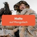 Mongolischer Mann hält einen Raubvogel auf dem Arm und möchte Hallo auf Mongolisch sagen
