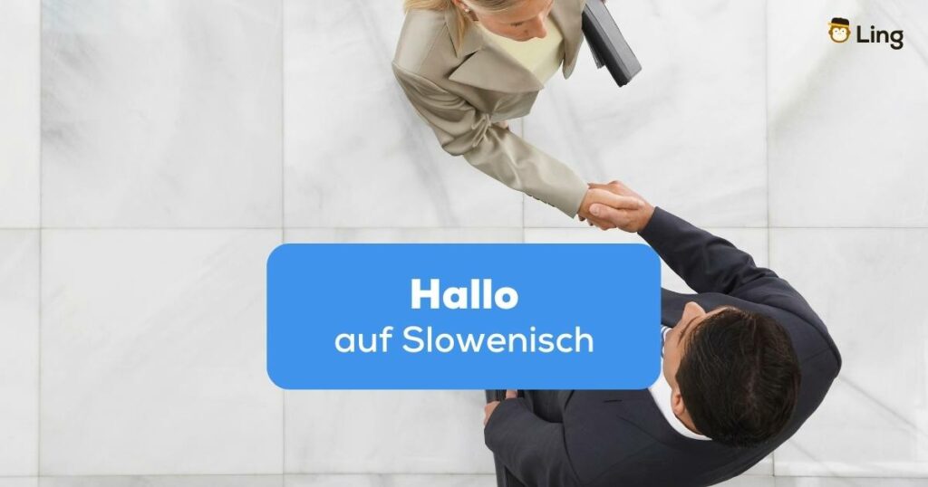 Vogelperspektive Frau und Mann im Anzug schütteln sich die Hände um Hallo auf Slowenisch zu sagen