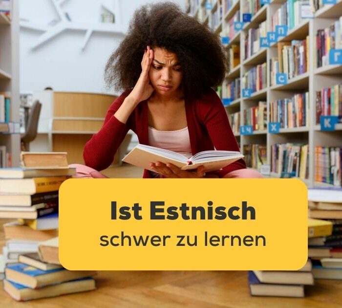 Frau sitzt auf dem Boden mit vielen Büchern und fragt sich Ist Estnisch schwer zu lernen mit der Ling-App