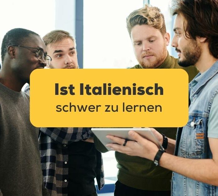 Studenten stehen gemeinsam und wollen wissen Ist Italienisch schwer zu lernen mit der Ling-App