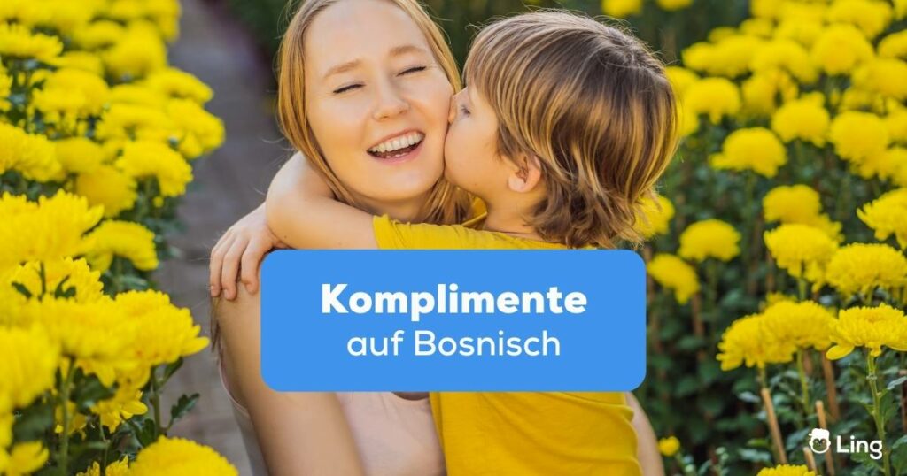 Sohn gibt seiner Mutter ein Küsschen auf die Wange und macht ihr Komplimente auf Bosnisch