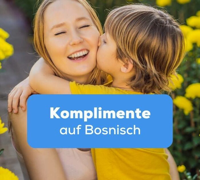Sohn gibt seiner Mutter ein Küsschen auf die Wange und macht ihr Komplimente auf Bosnisch