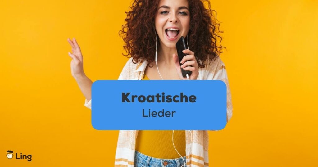 Brünette Frau mit Kopfhörern und hält Handy in der Hand wie ein Mikrofon und singt kroatische Lieder