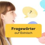Frau öffnet den Mund mit Sprechblasen mit Fragezeichen und stellt Fragewörter auf Estnisch mit der Ling-App