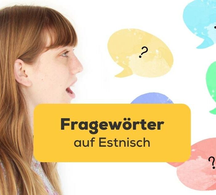 Frau öffnet den Mund mit Sprechblasen mit Fragezeichen und stellt Fragewörter auf Estnisch mit der Ling-App