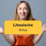 Junge litauische Frau reagiert freudig auf litauische Witze aus der Ling-App