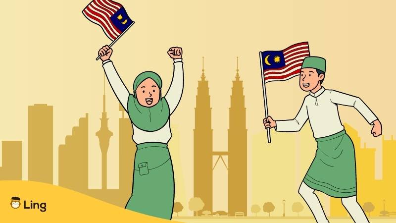 Muslimische Frau und Mann mit malaysischer Flagge stehen vor der Skyline von Kuala Lumpur, der Haupstadt von Malaysia