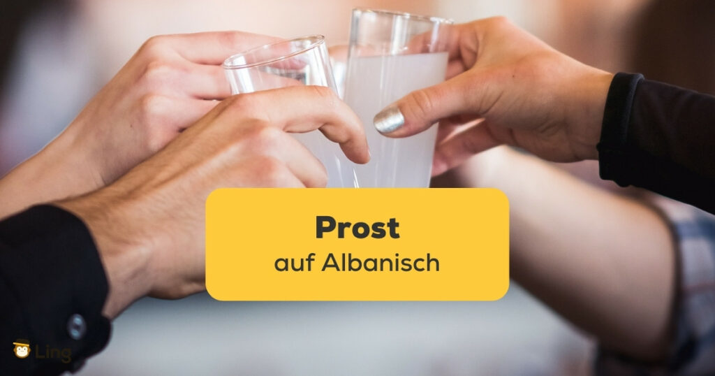 Menschen stossen zusammen mit Raki an, Prost auf Albanisch