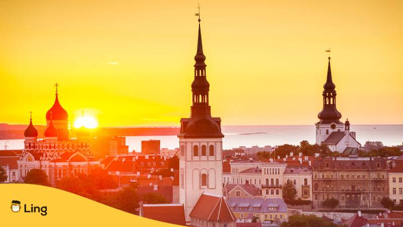 Sonnenuntergang vor der Kulisse von Tallinn der Hauptstadt von Estland