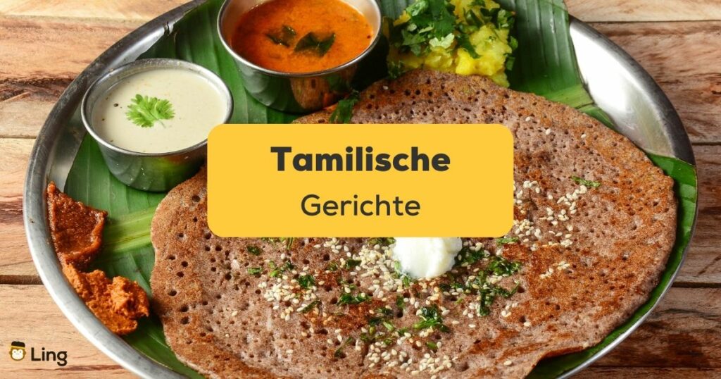 Tamilische Gerichte auf einer silbernen Platte