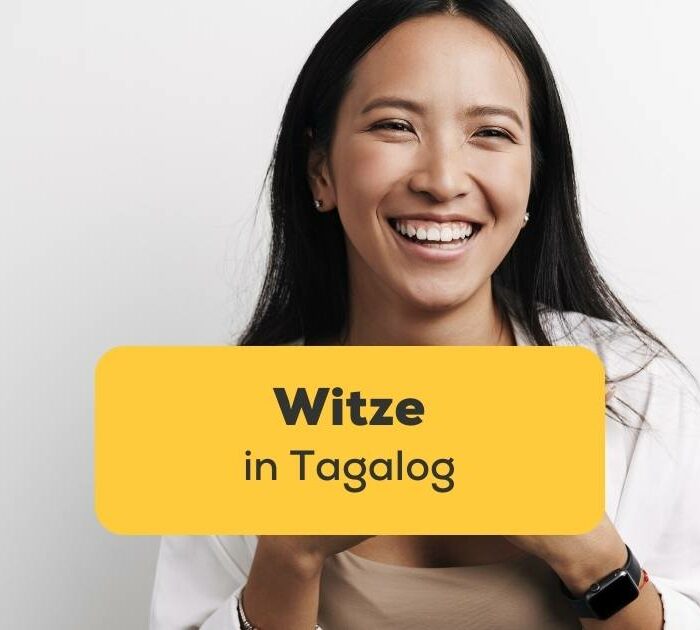 Filipina lacht in die Kamera beim Hören von Witze in Tagalog
